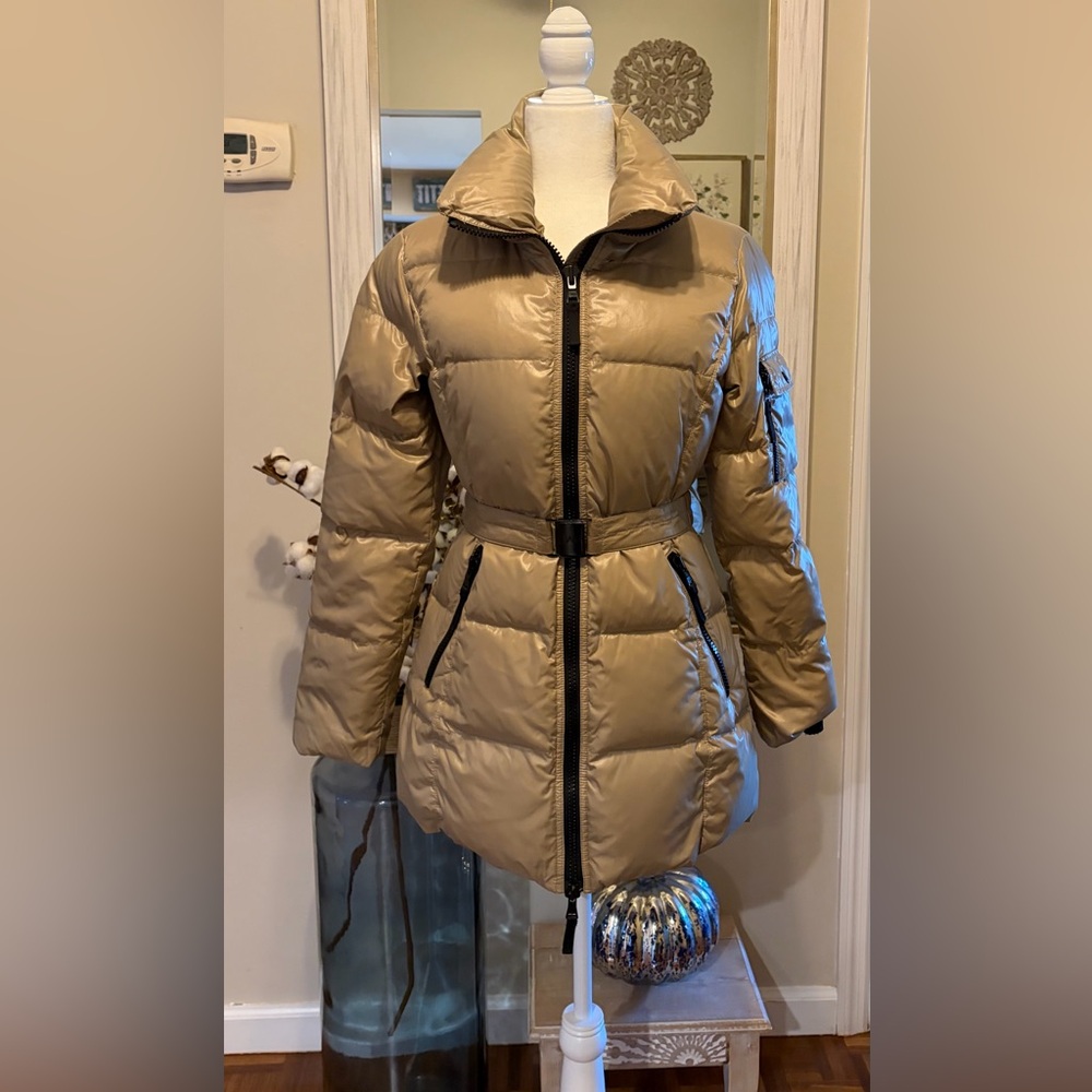SAM. New York Women's Goose Down Beige Belted PufferJacket Coat